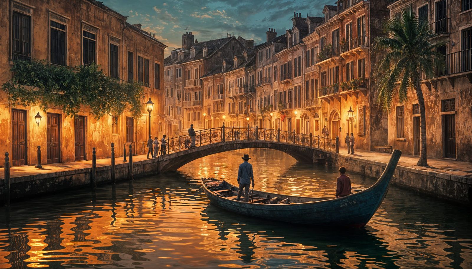 Tropical Canal City at Sunset: Colonial Caribbean Architectu...