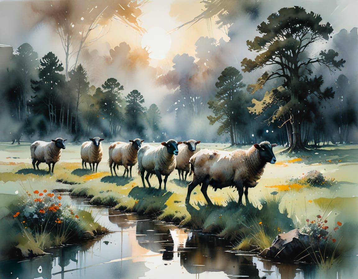 Meadow Scene with Grazing Sheep in Abstract Impressionism