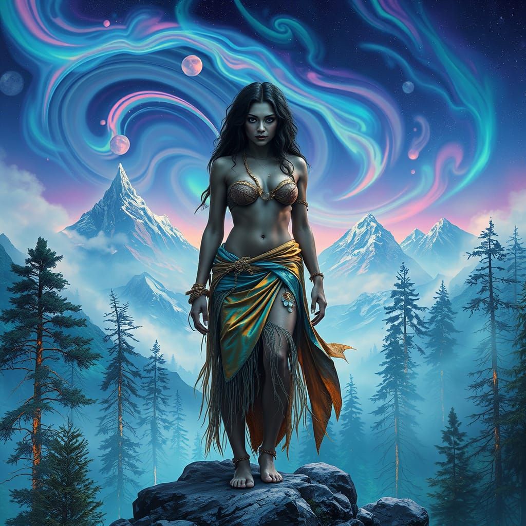 Surreal Mountain Goddess in Iridescent Loincloth