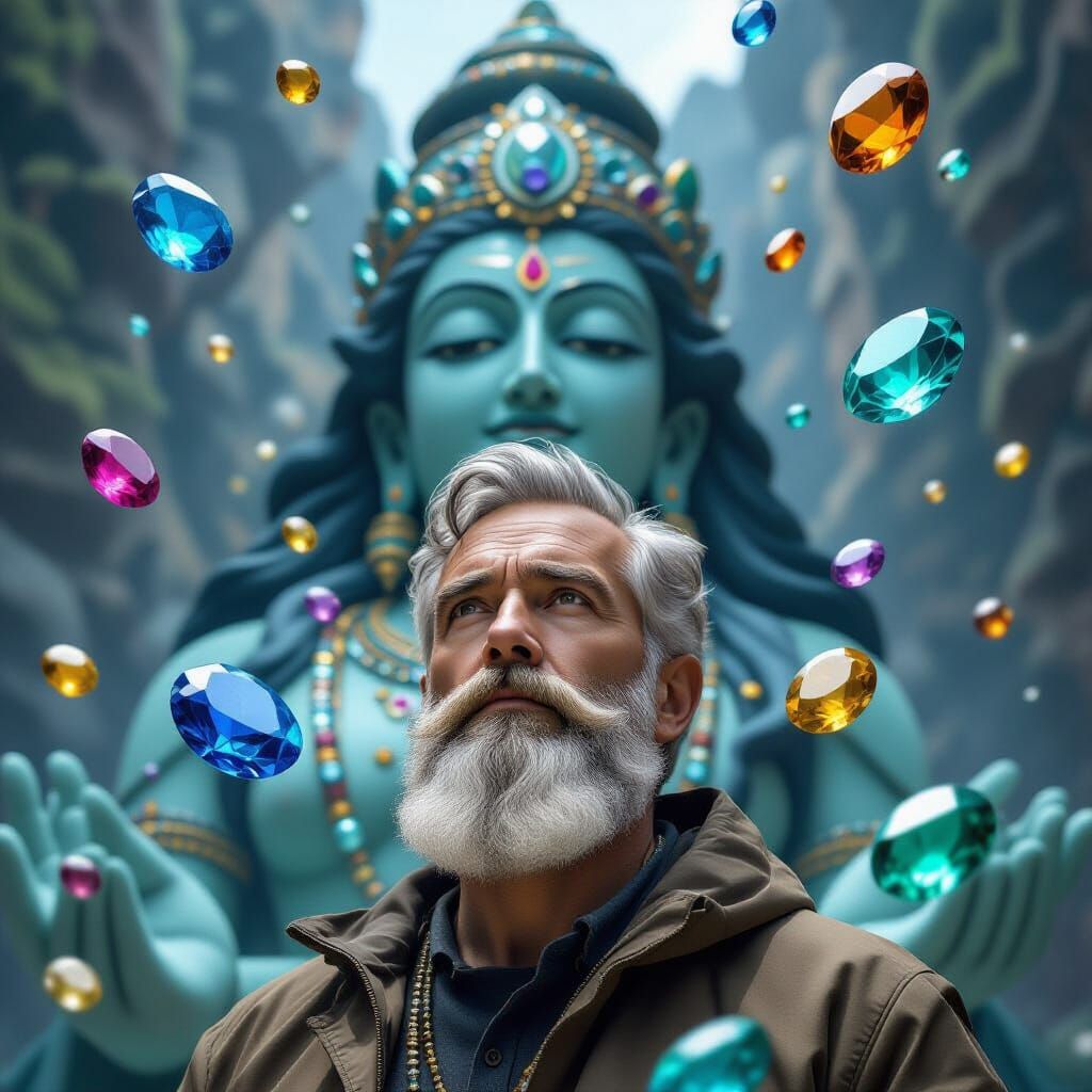 Man Before Gemstone Deity with Floating Crystals