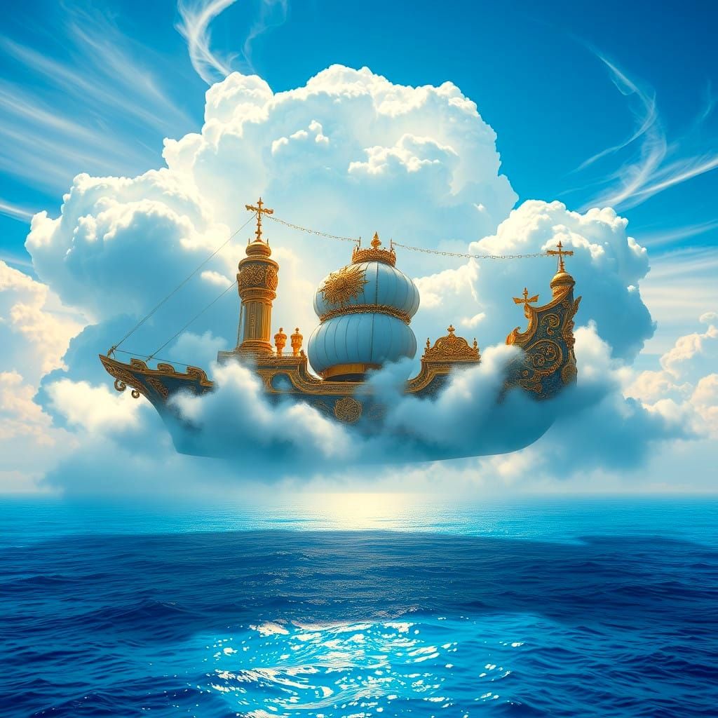 Luxurious Fantasy Ship Adrift in Vibrant Clouds