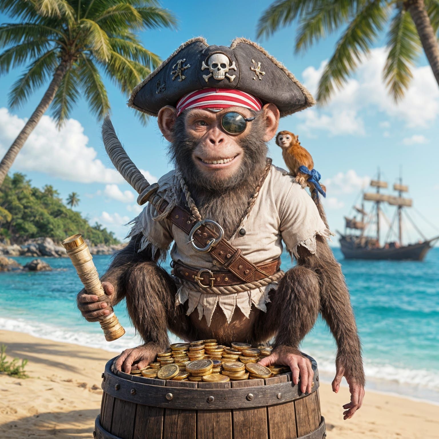Pirate Monkey with Treasure Map on Tropical Beach