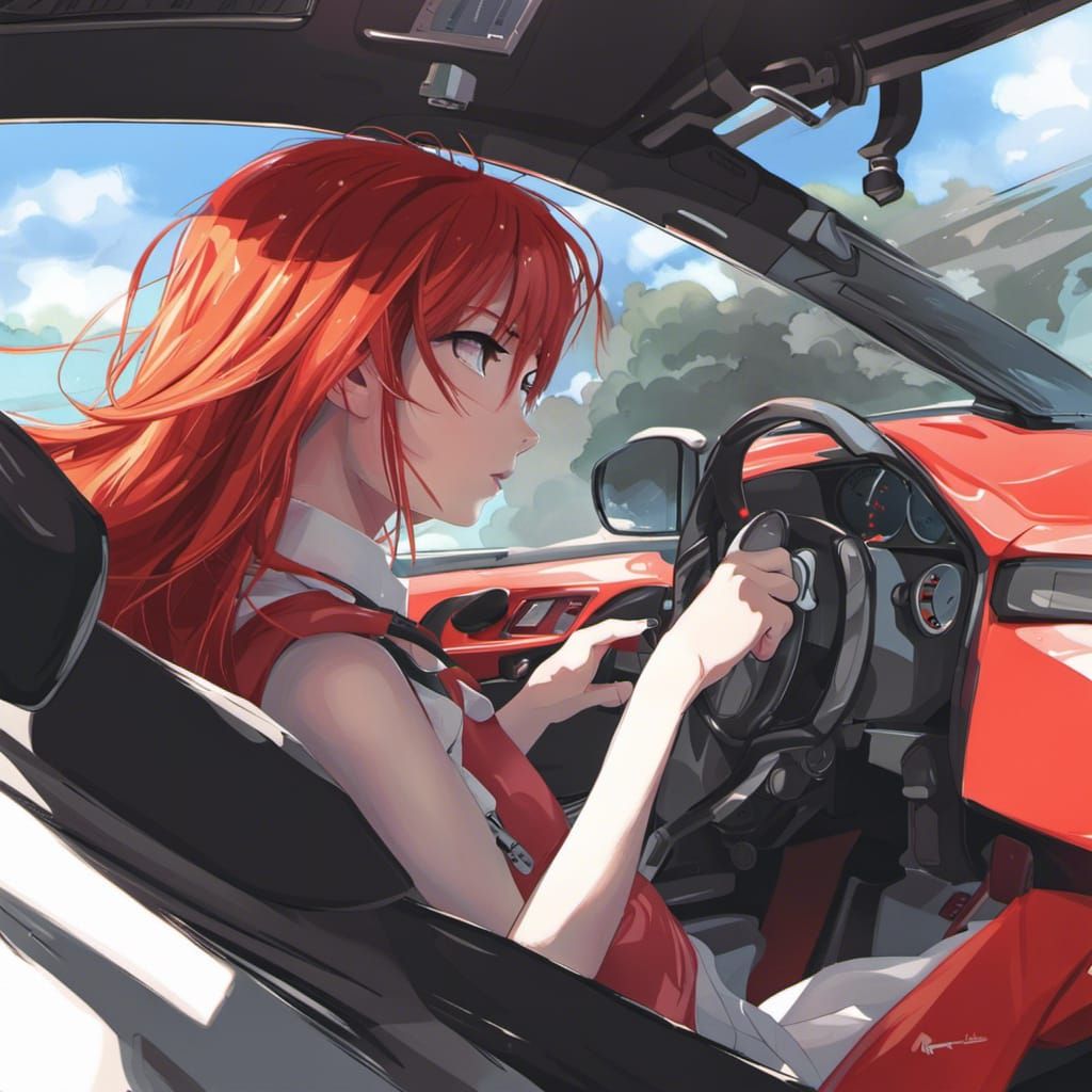 Red-Haired Girl Driving Supercar in Anime Style
