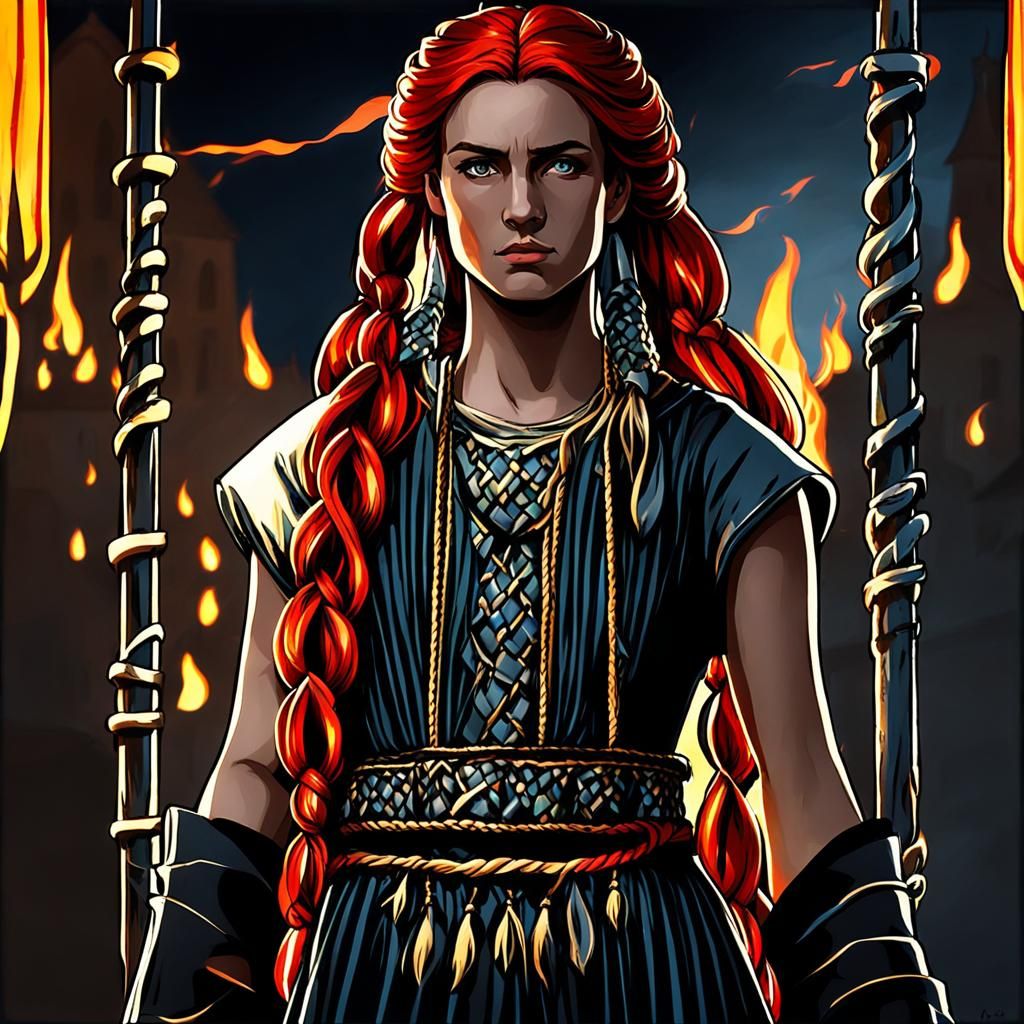 Medieval Village Ablaze with Braided Hair Woman