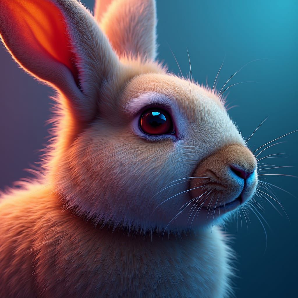 Detailed Belier Rabbit Portrait in Vibrant Triadic Colors
