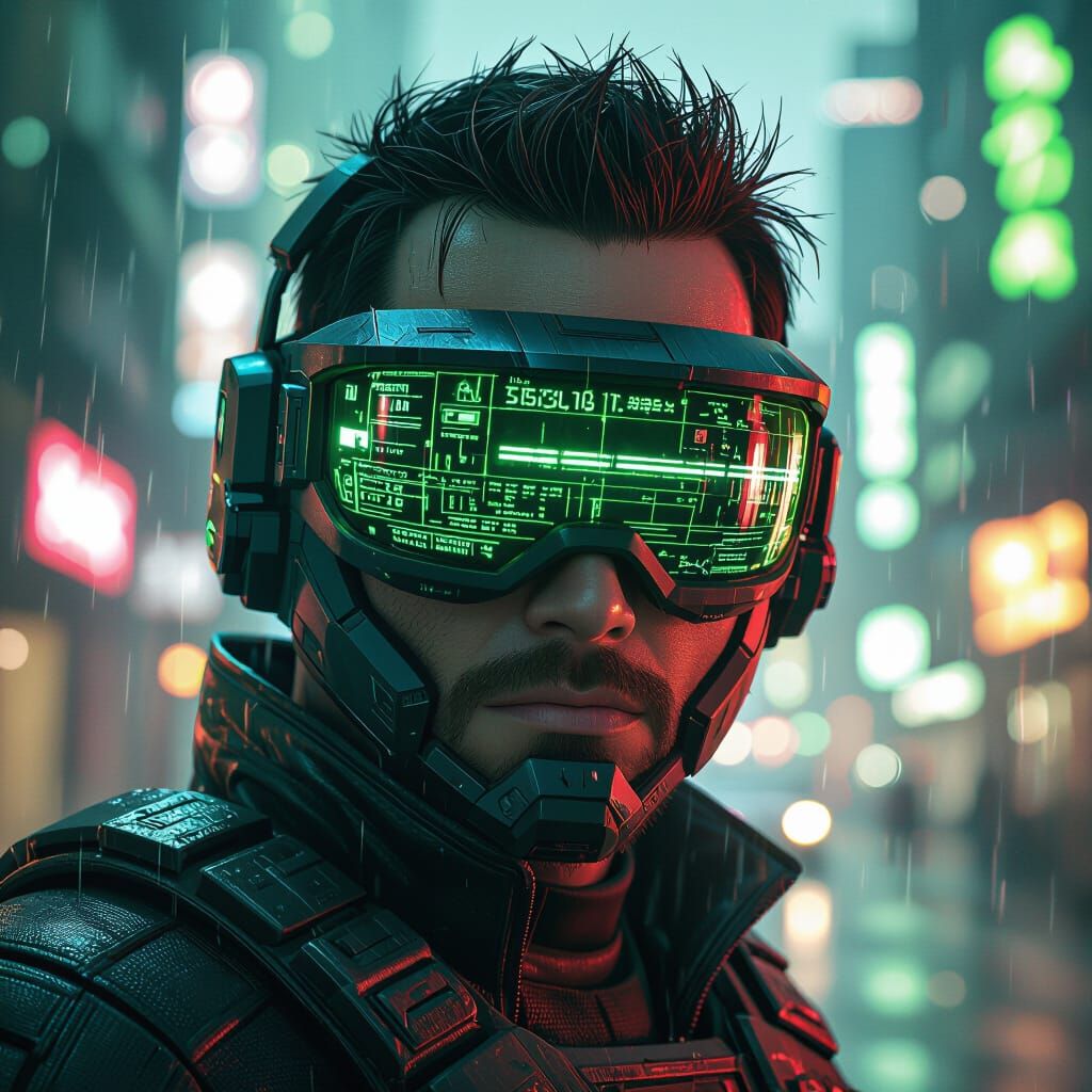 Cyberpunk Visor Reflects Neon Cityscape