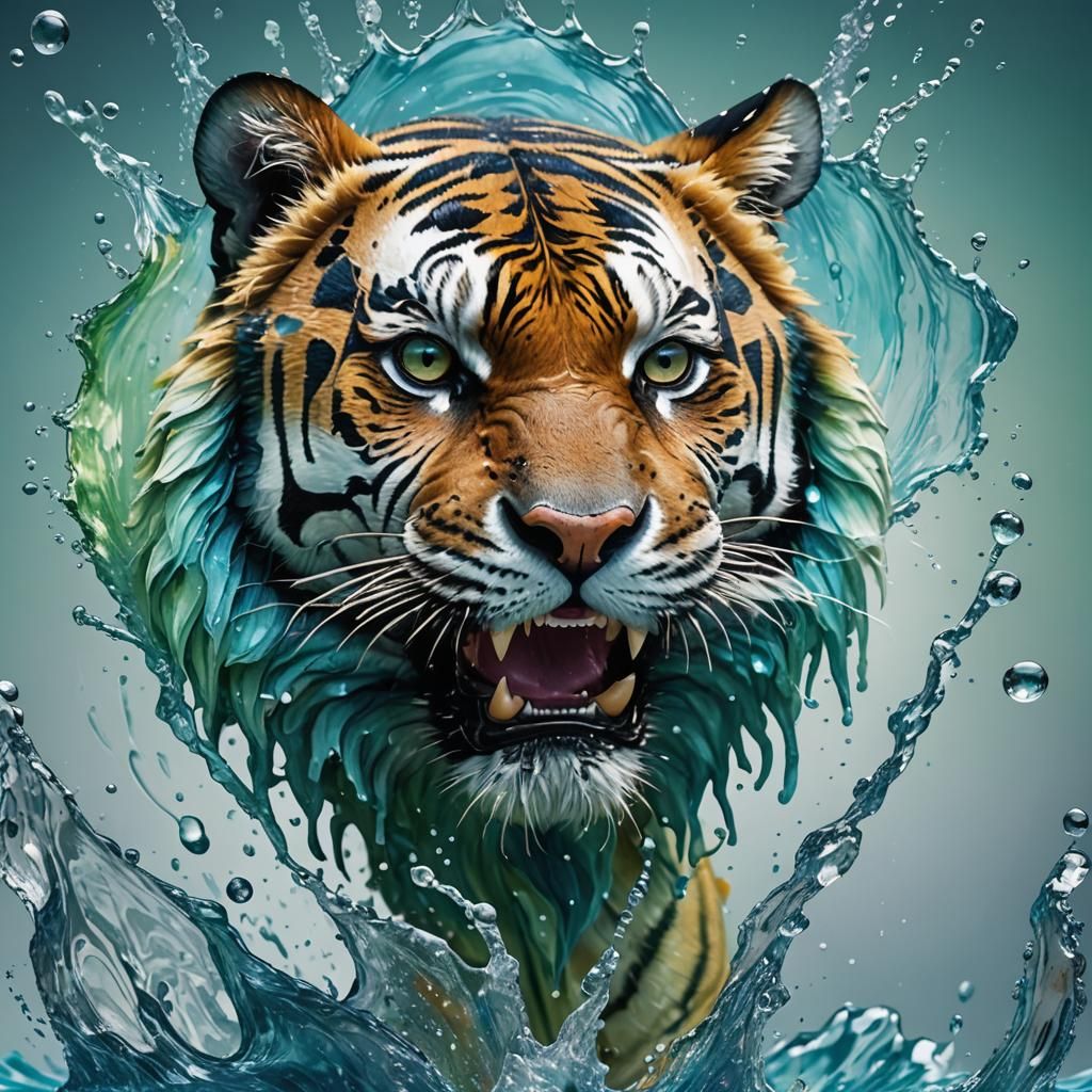 Colorful Water Tiger Splash Art: Hyperrealistic