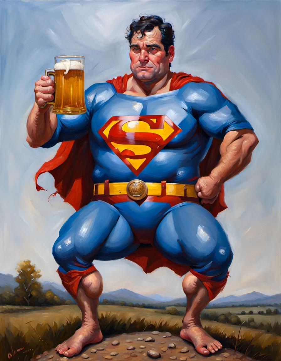 Redneck Superman with Beer Belly as Oil Painting