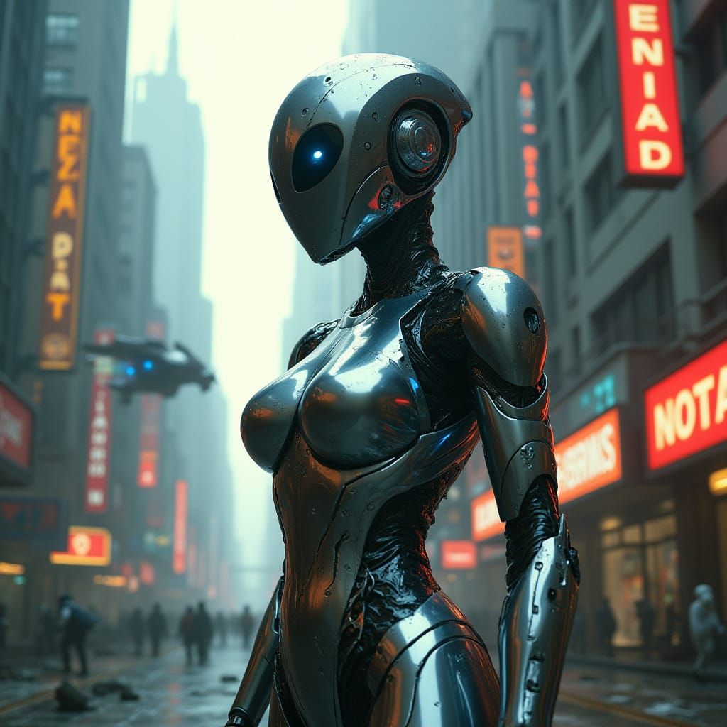 Cyborg Warrior Guards Gritty Metropolis in Cyberpunk Style