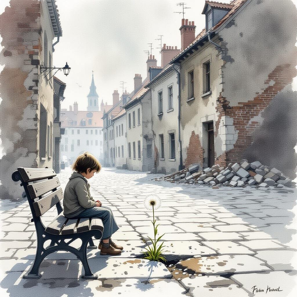Child on Bench in Ruined City Square, Watercolor Style