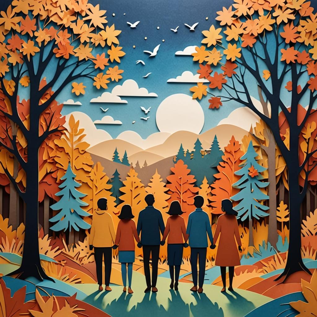 Diverse Friends in Papercut Autumn Landscape