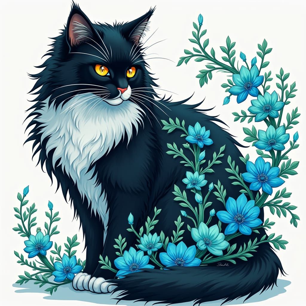 Anime-Style Tuxedo Cat Ablaze with Floral Flames