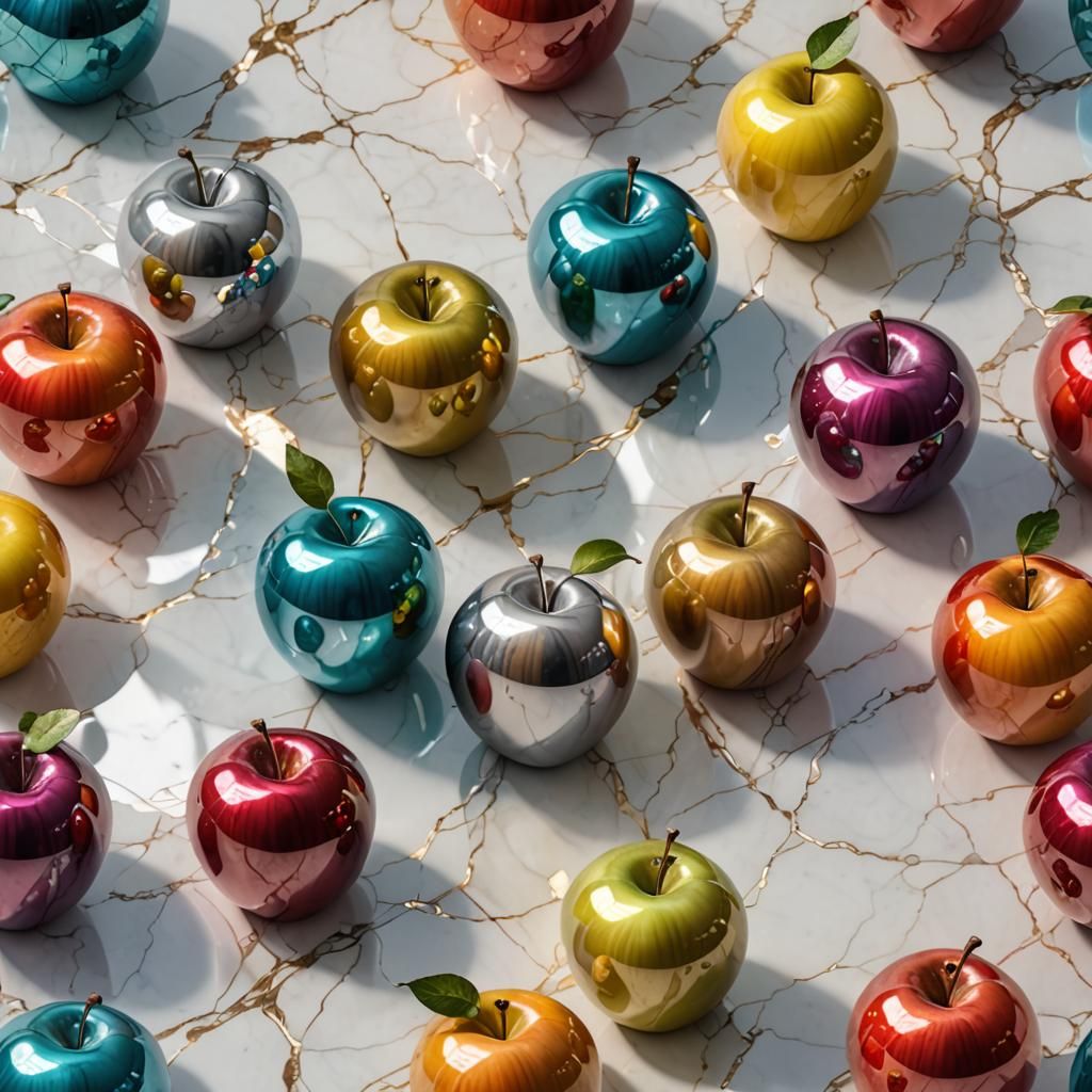 Chrome Apples on Marble in Warm Colors