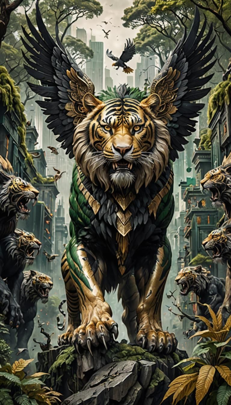 Giant Tiger-striped Lion-Eagle Creature Overlooking City