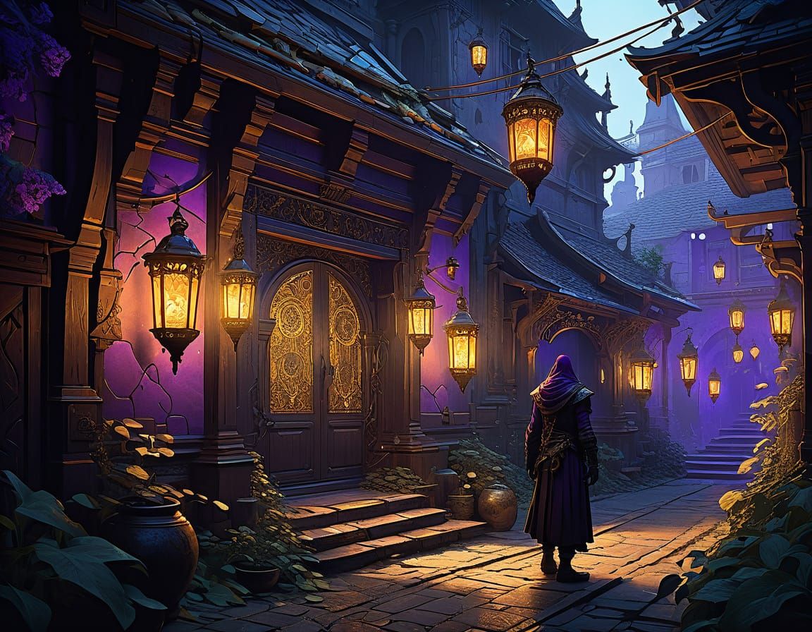 Heroic Figure Silhouetted at Tavern Entrance