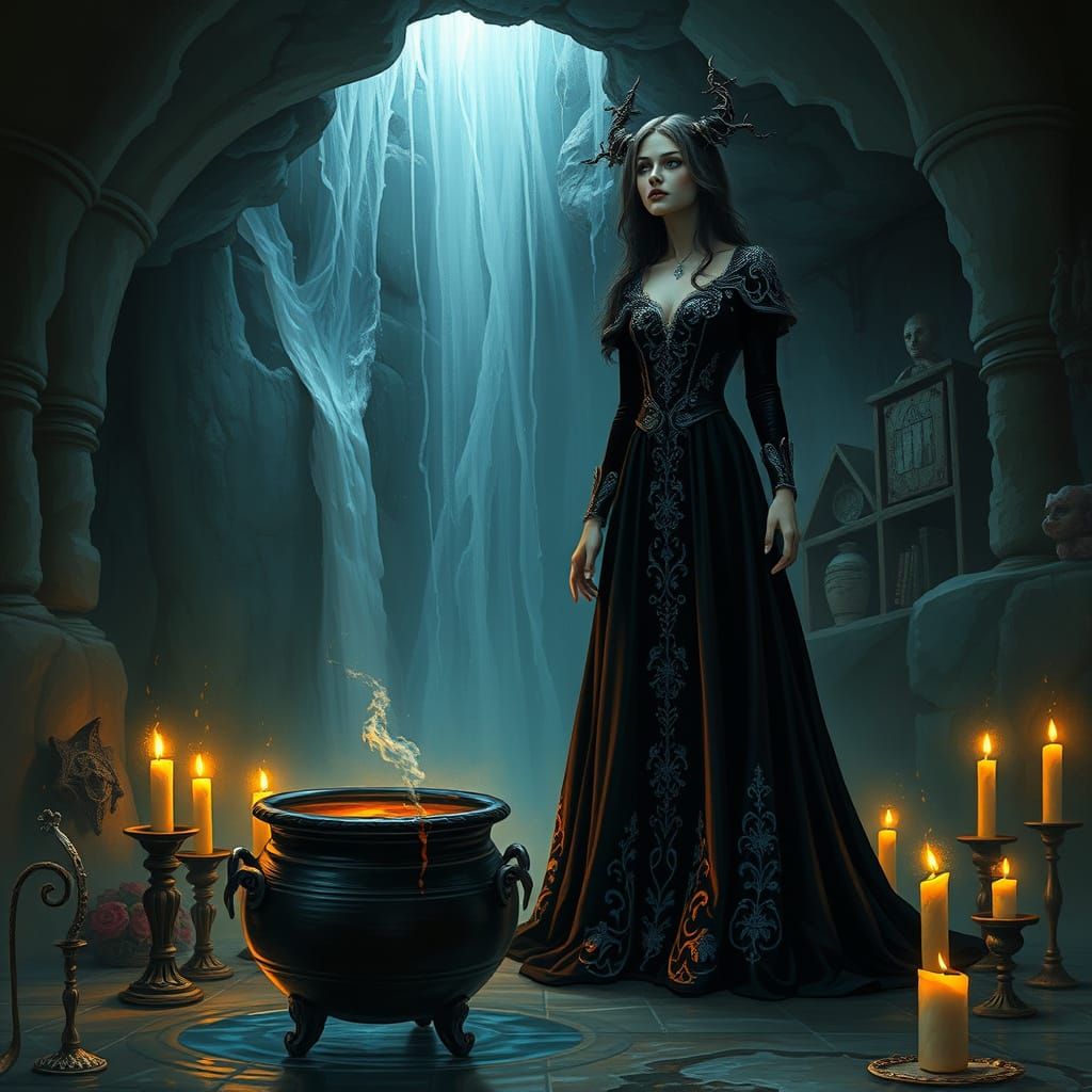 Gothic Enchantress in Chamber with Waterfall