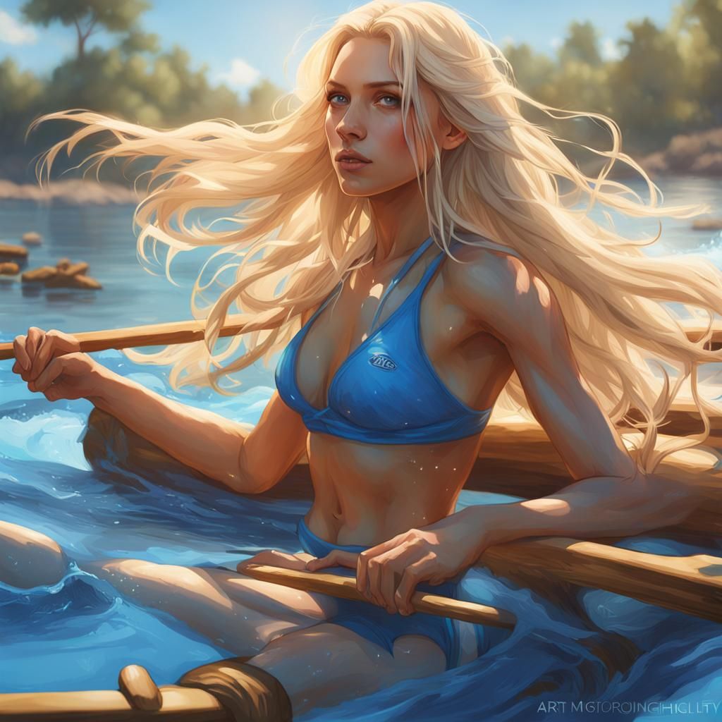 Blonde Woman Portrait Sunning in Blue Bikini