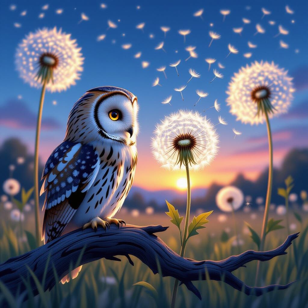 Mystical Owl with Dandelion in Ghibli Style