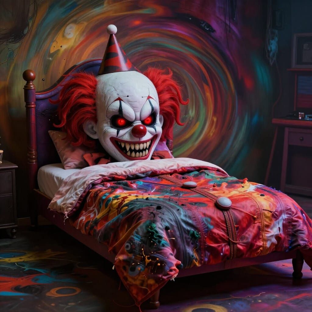Evil Clown Bed with Menacing Face and Glowing Eyes