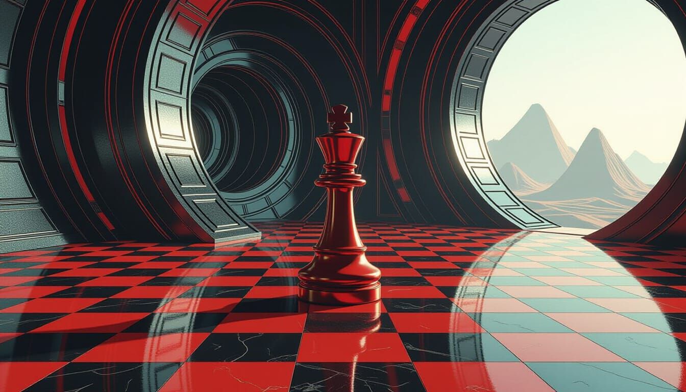 Red Checker on Checkerboard in Hyper-Realistic Style