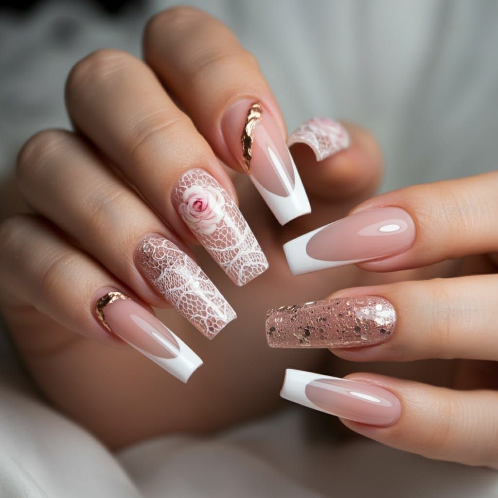 Luxurious Feminine Nails with Lace and Rose Gold