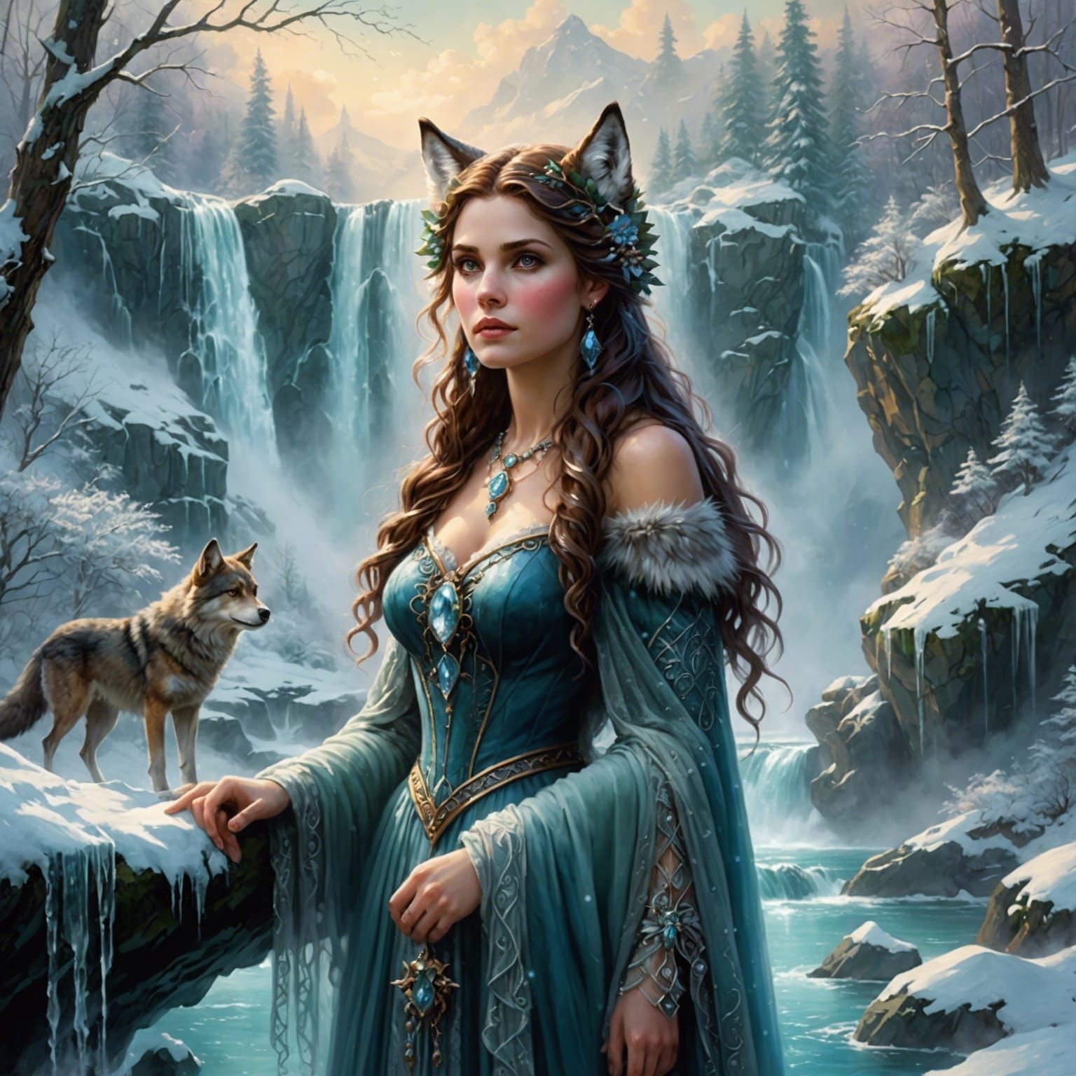 Fae Maiden with Wolf Ears by Crystal Waterfall