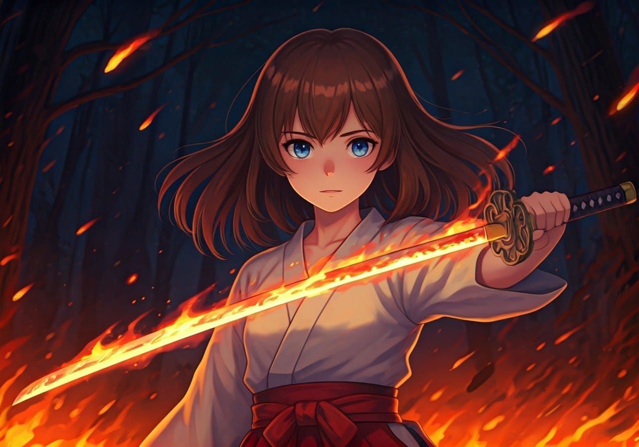Anime Shrine Maiden Controls Fire in Burning Forest
