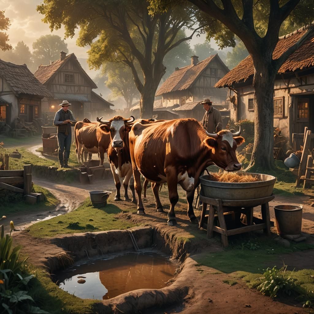 Farmer Milking Cow in Fantastical Village Art