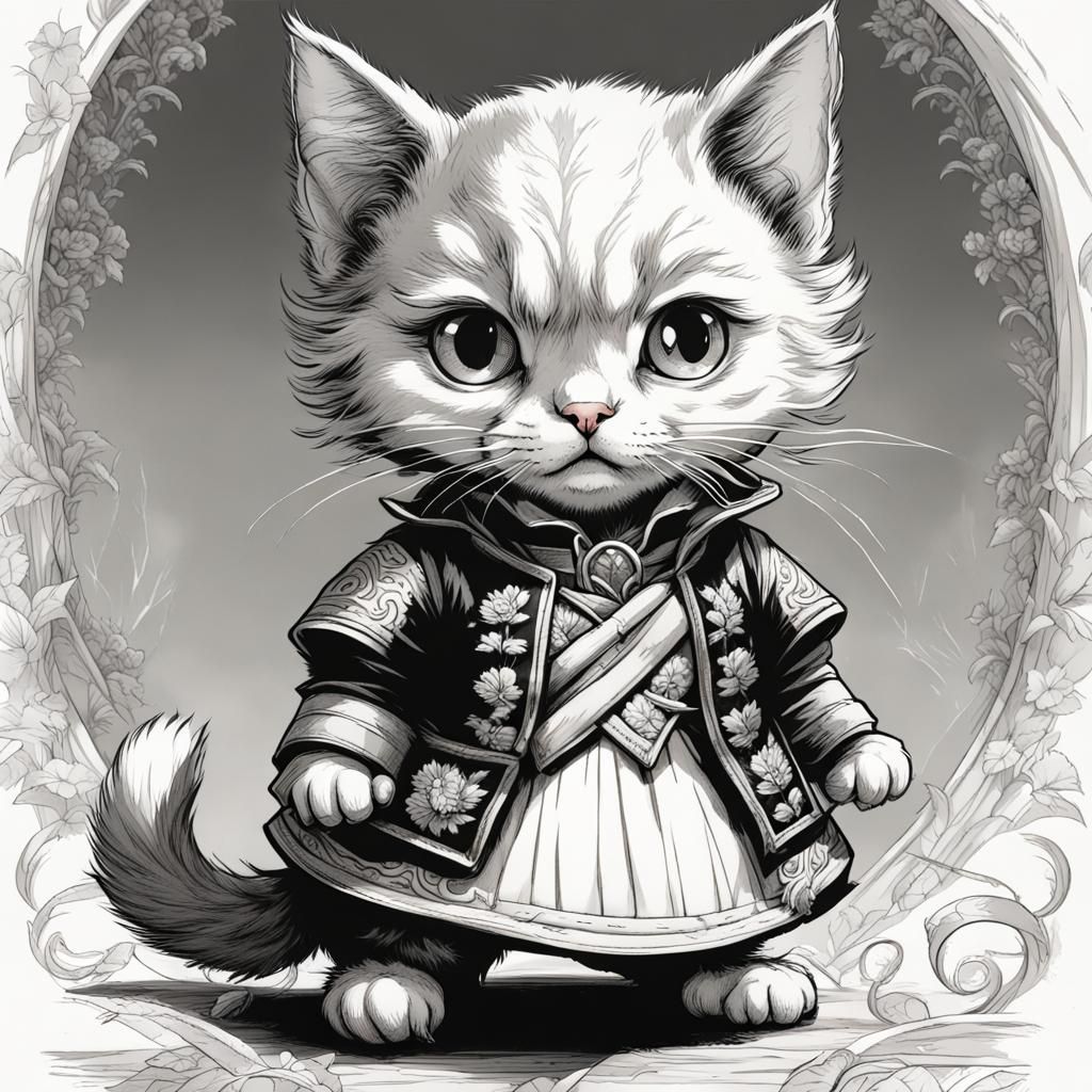 Kitten in Welsh Costume: Tenniel-Style Black and White Art