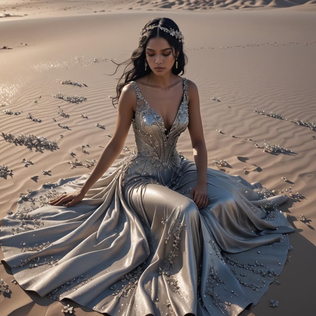 Girl in Silver Gown on Silver Sand: Fantasy Art