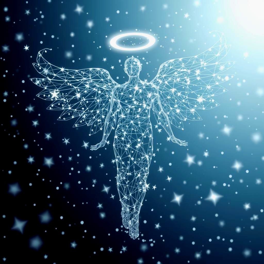 Winged Angel of Stars in Holographic Sci-Fi Style