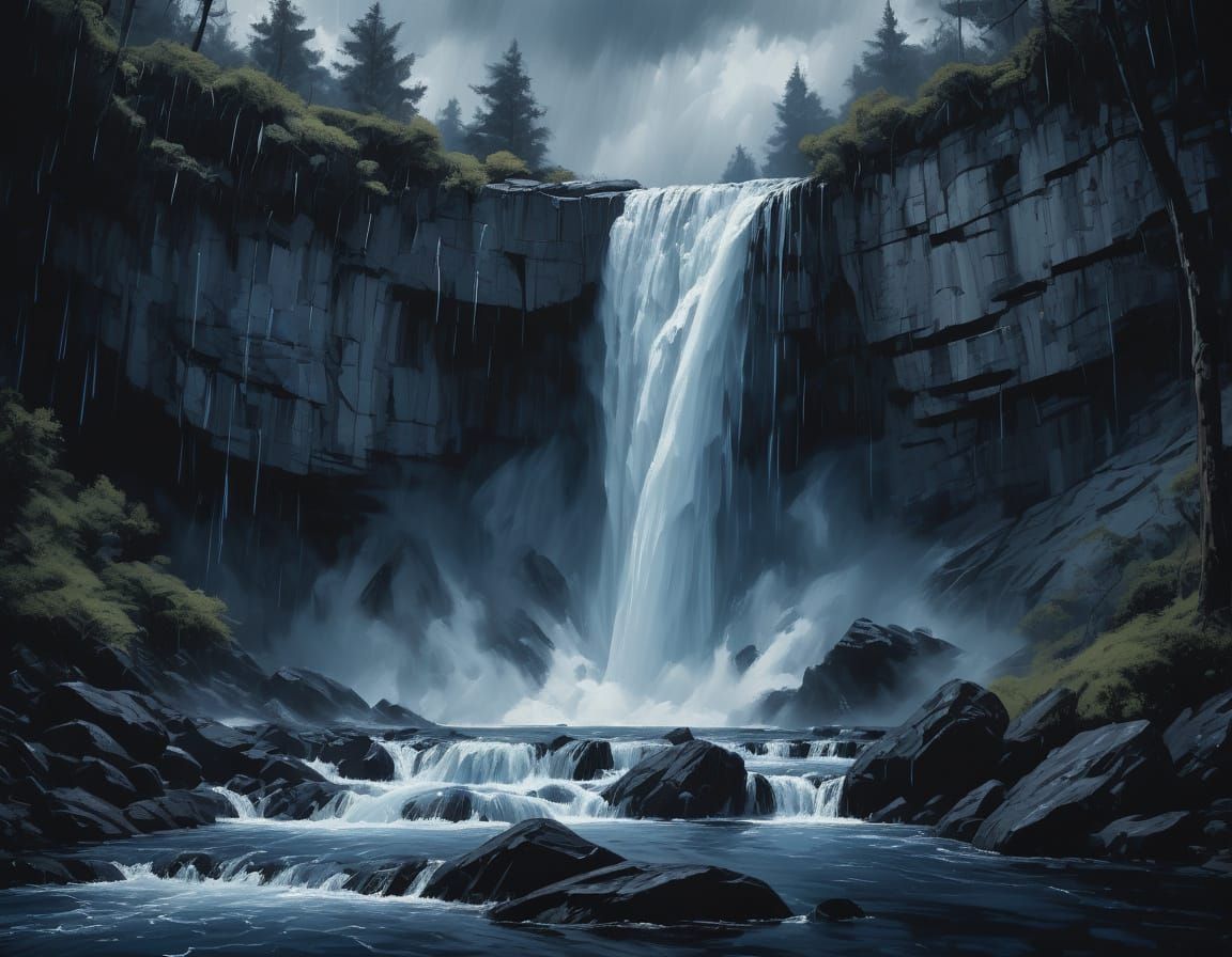Dramatic Monochromatic Waterfall on a Stormy Day