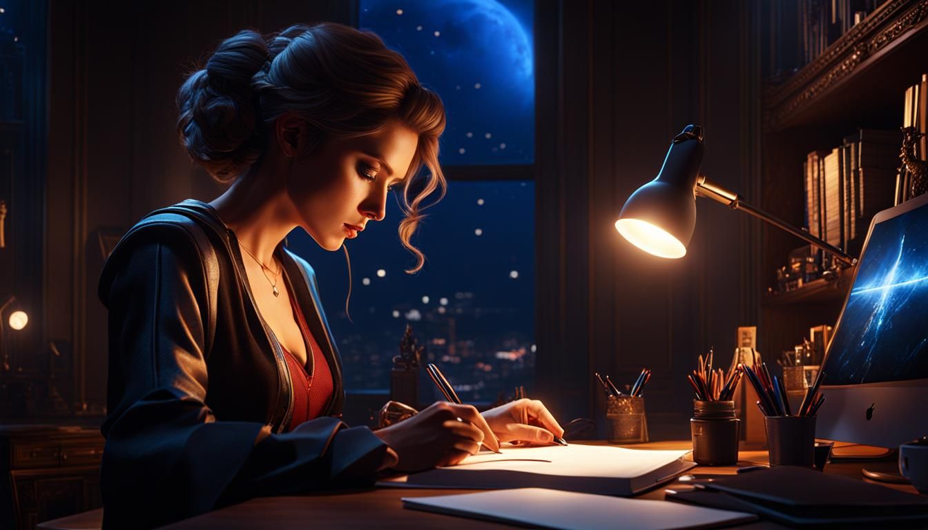 Woman Writing at Desk: Detailed Fantasy Concept Art