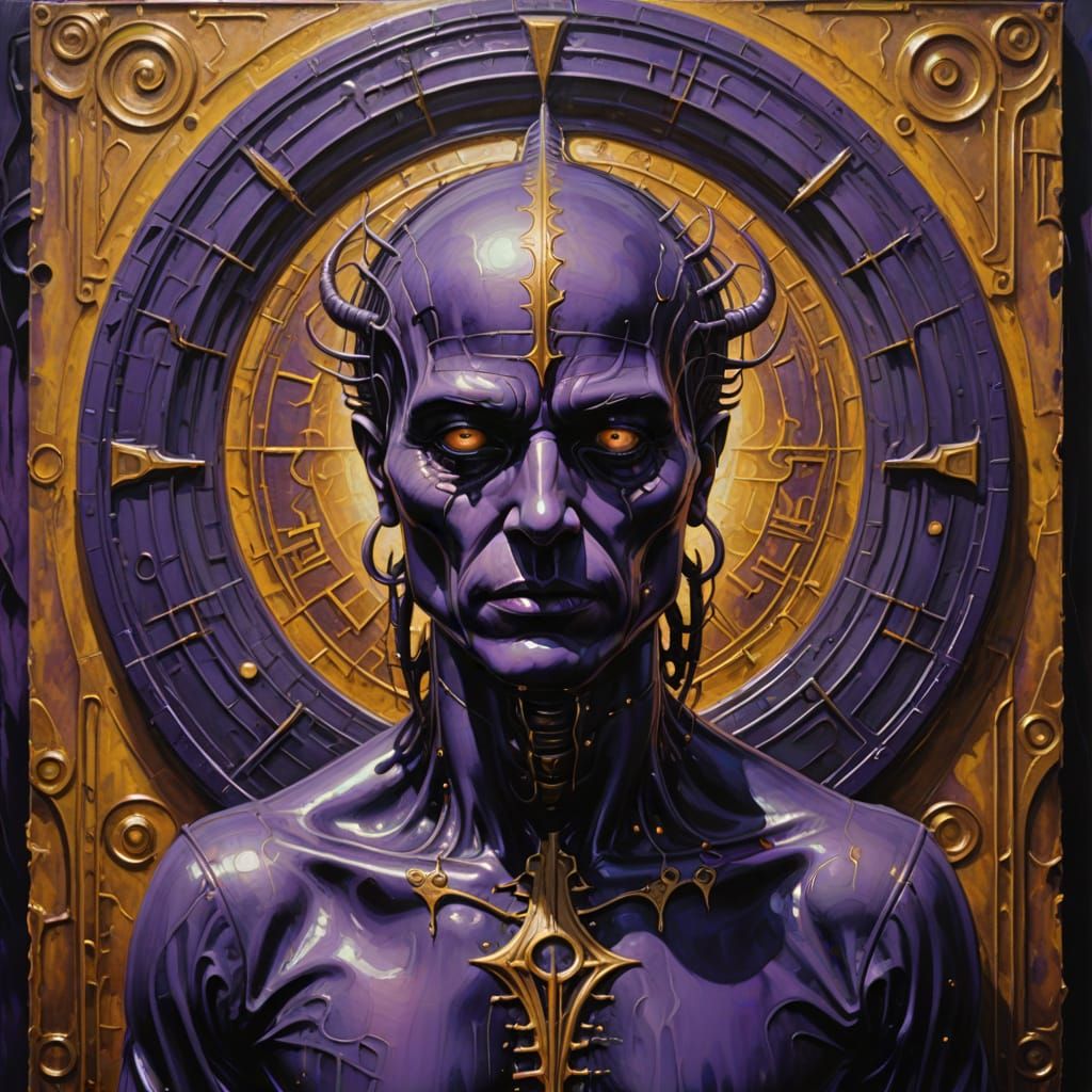 Surreal Purple Man with Lilith Glyph in Oil Painting