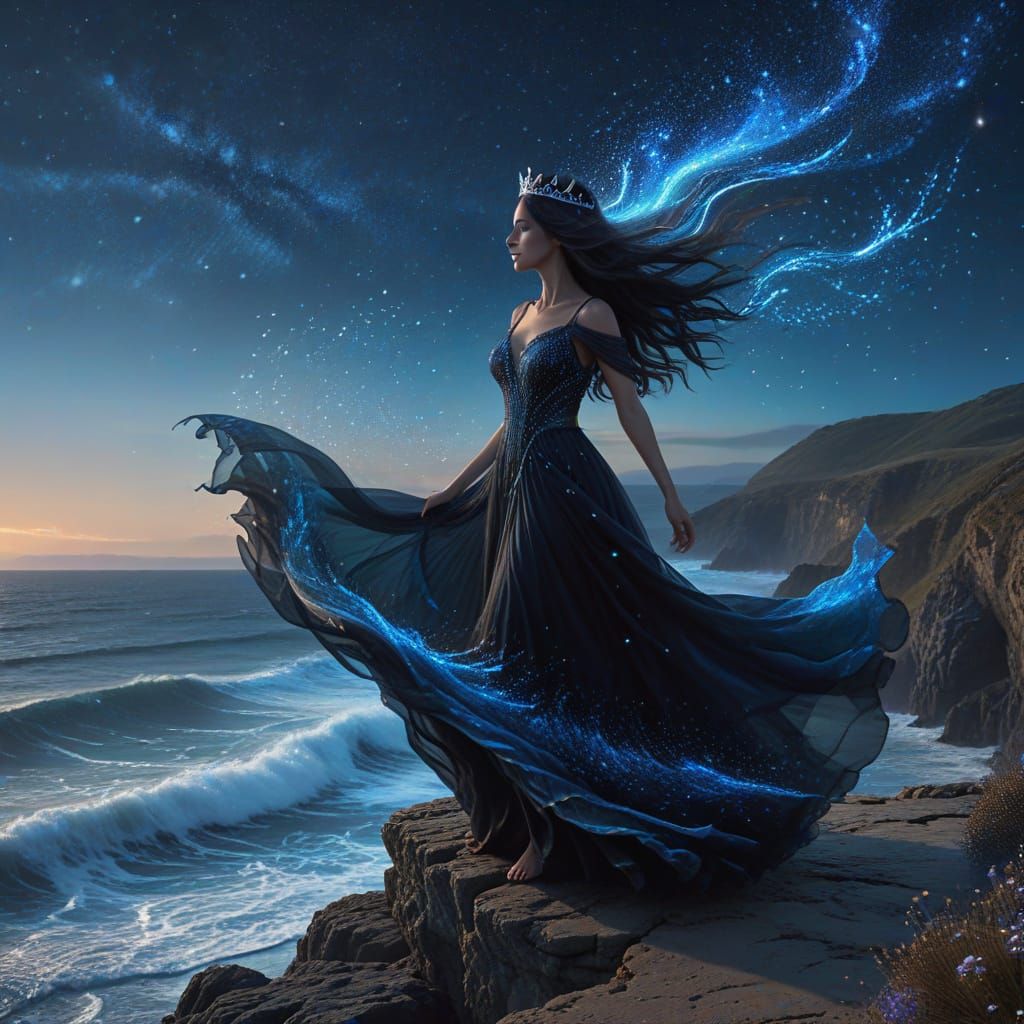 Mysterious Woman on Windswept Cliff at Twilight