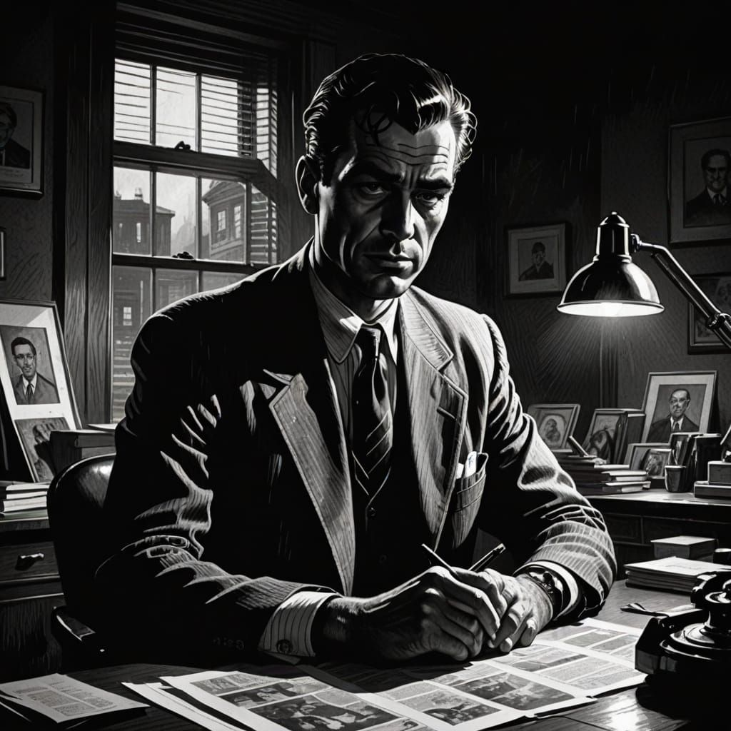 Moody Film Noir Detective in Vintage Pencil Drawing Style