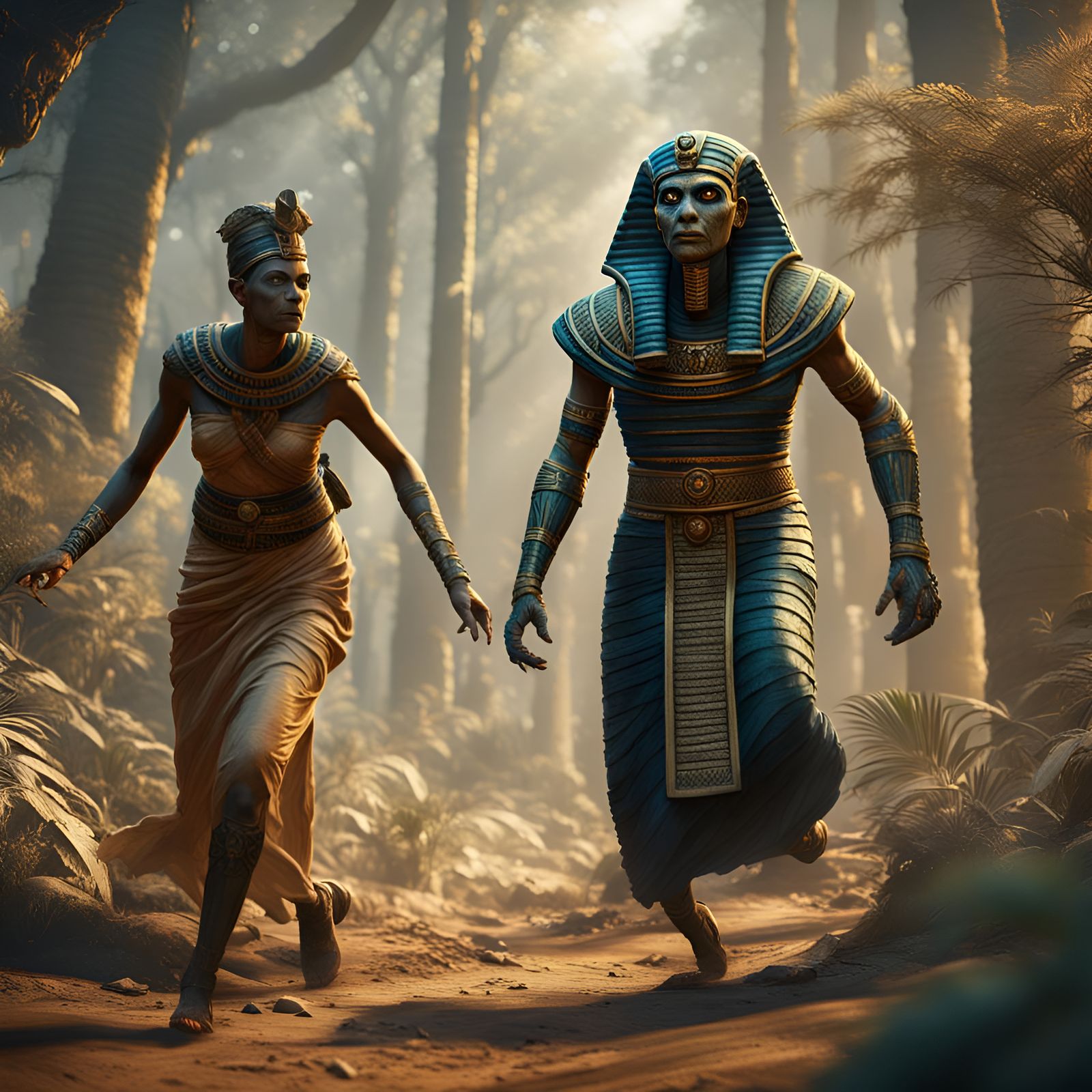Egyptian Mummy's Forest Chase: Detailed Matte Painting