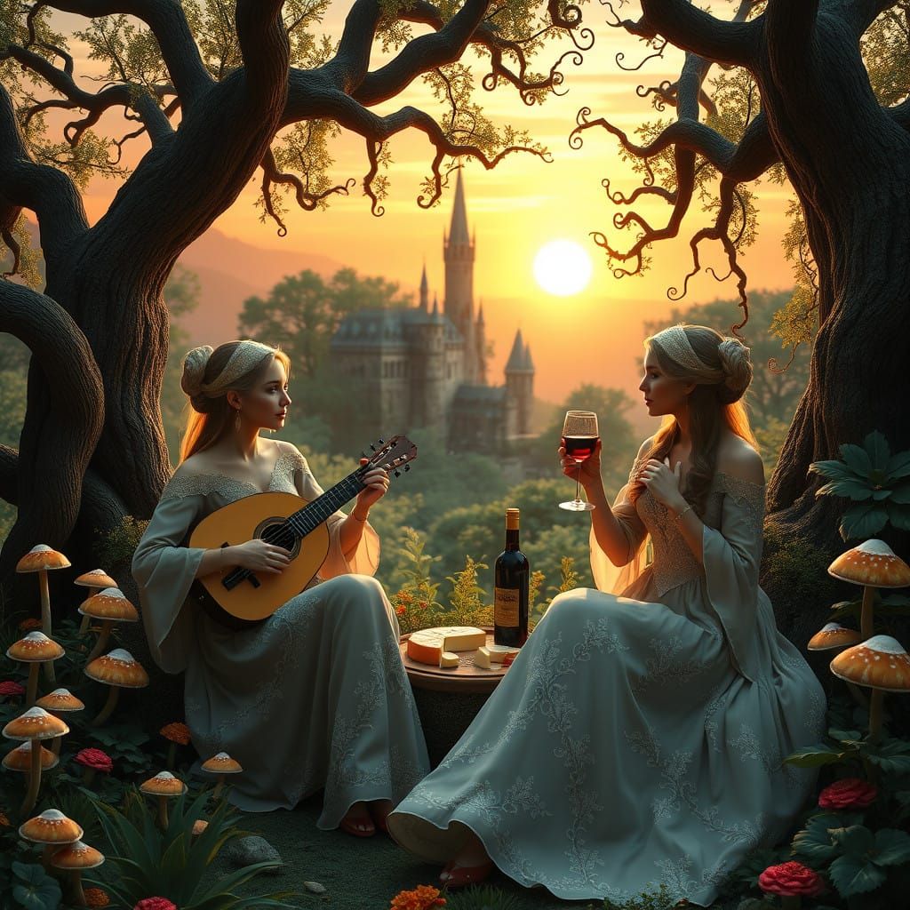 Sisters Savor Fine Wine and Cheese in Enchanted Garden