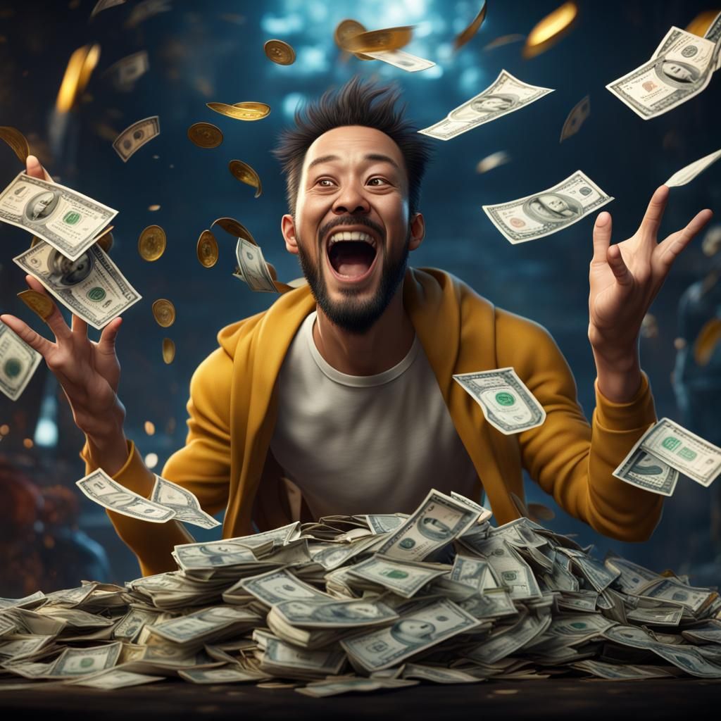 Excited Young Man with Flying Money