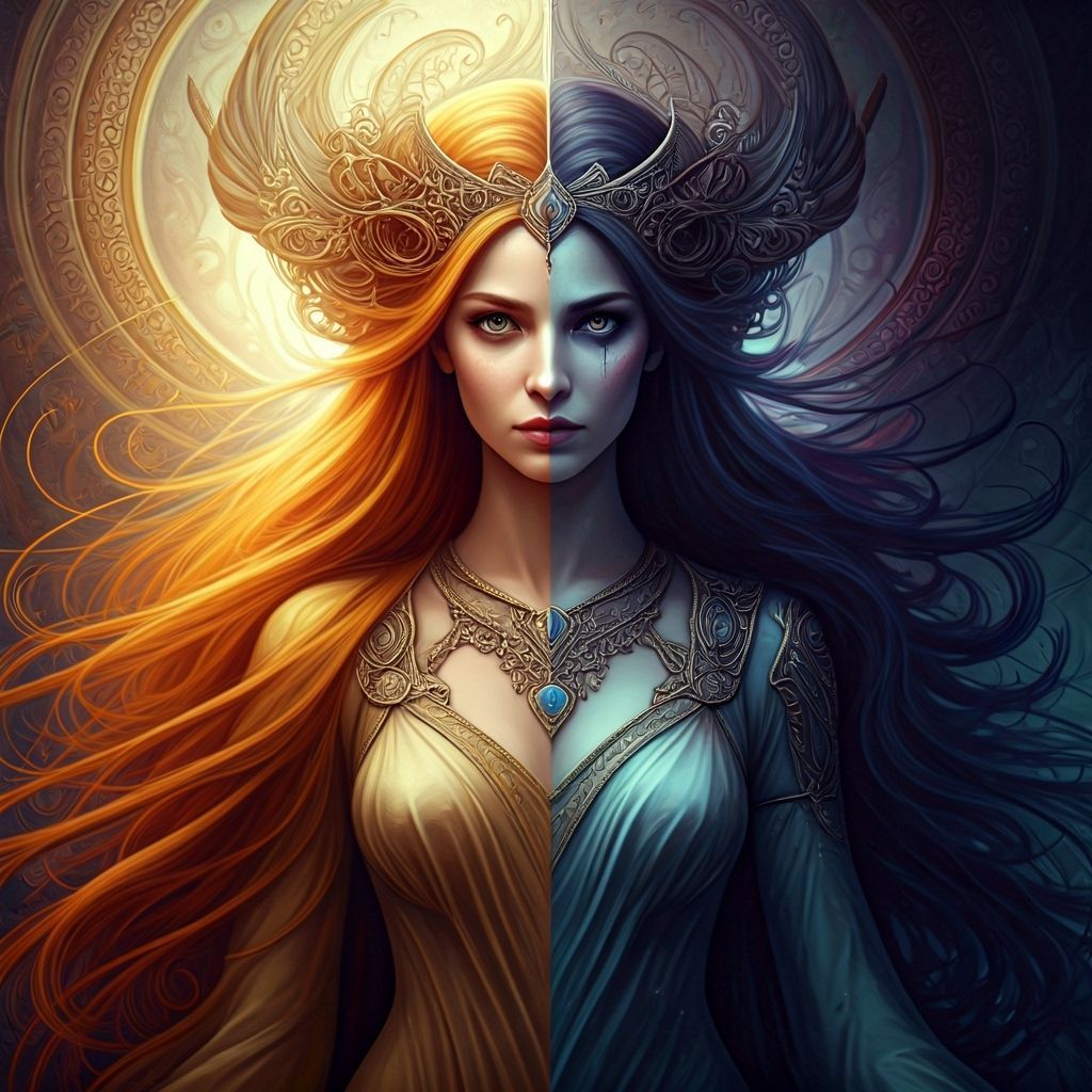 Beautiful Woman in Duality of Ruins and Nature