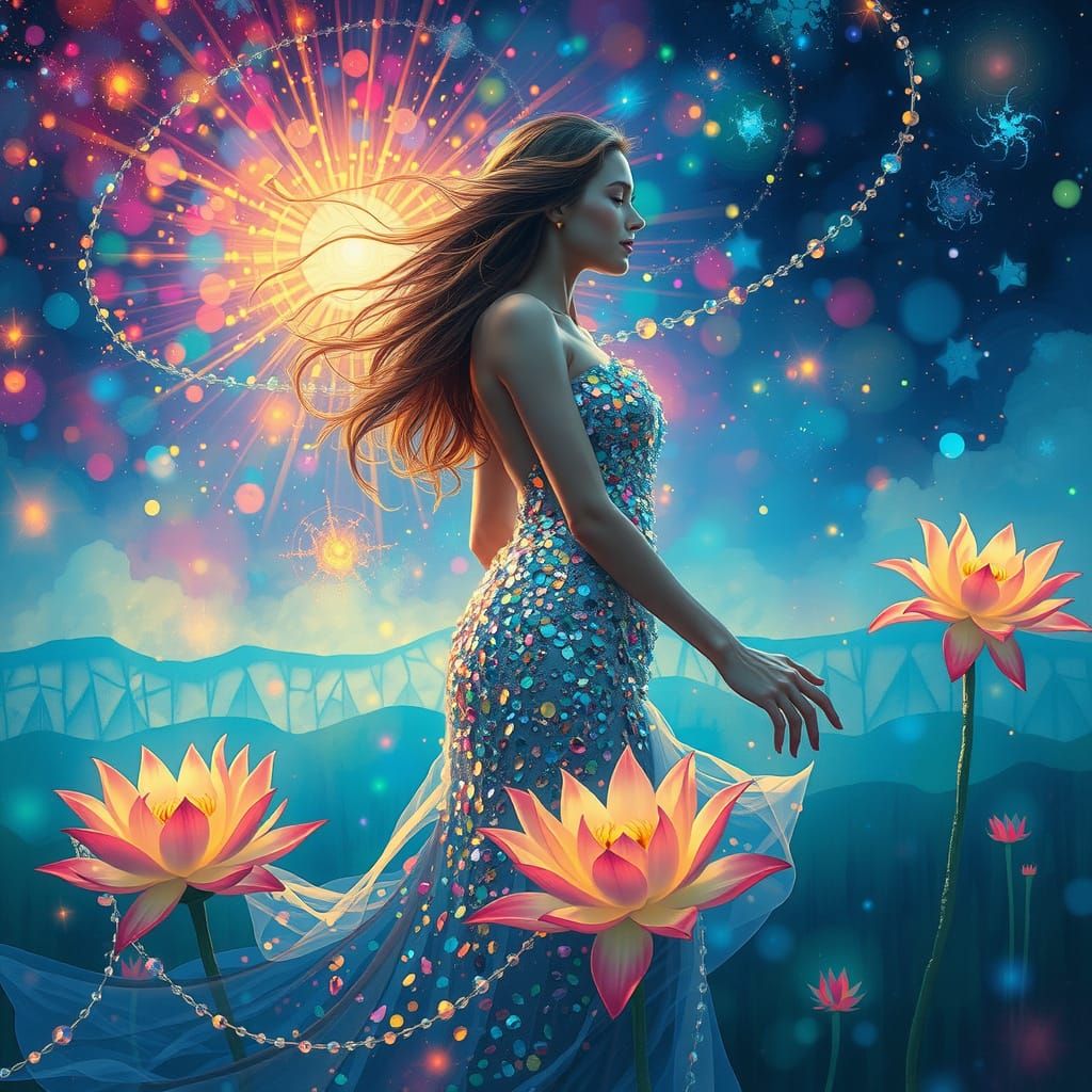 Ethereal Goddess Radiates Vibrant Dreams in Sequined Gown