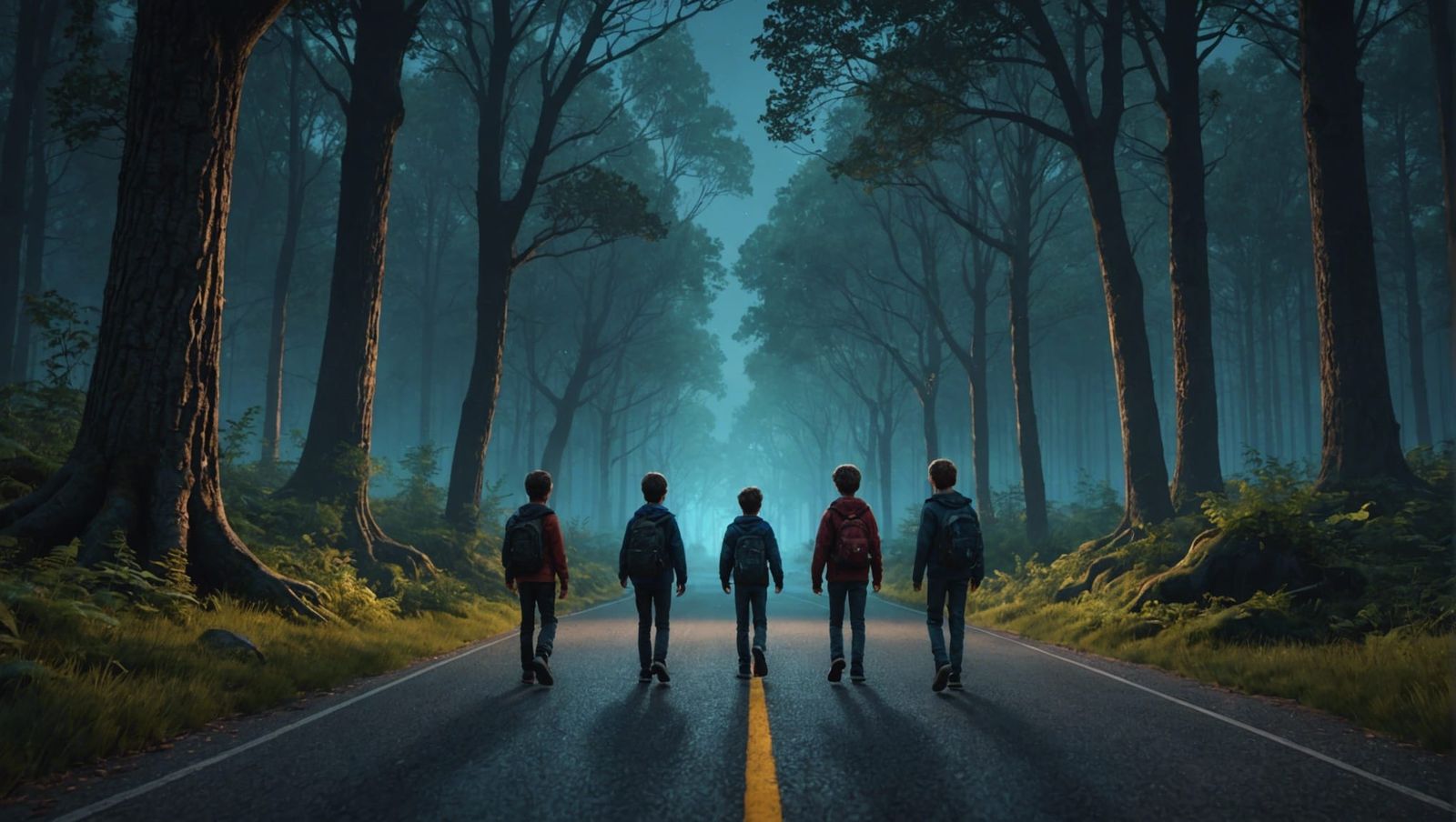 Boys Walking Forest Road: Fantasy Concept Art