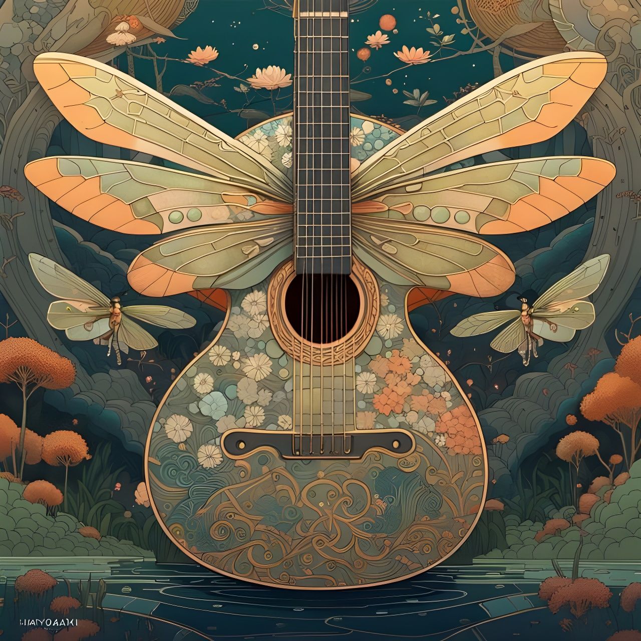 Dragonfly Guitar over Pond in Animated Style