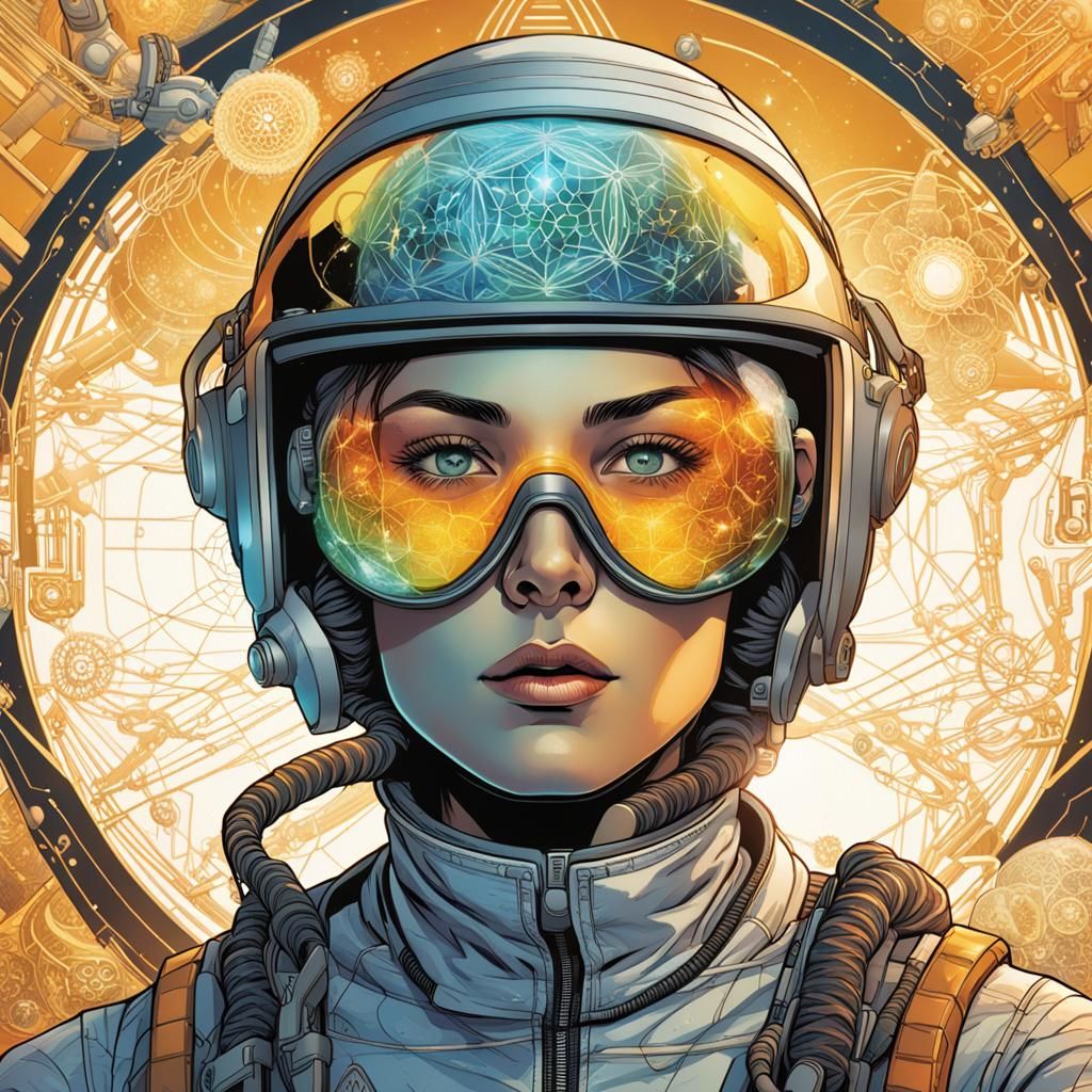 Futuristic Woman with Geometric Tattoos in Space Helmet