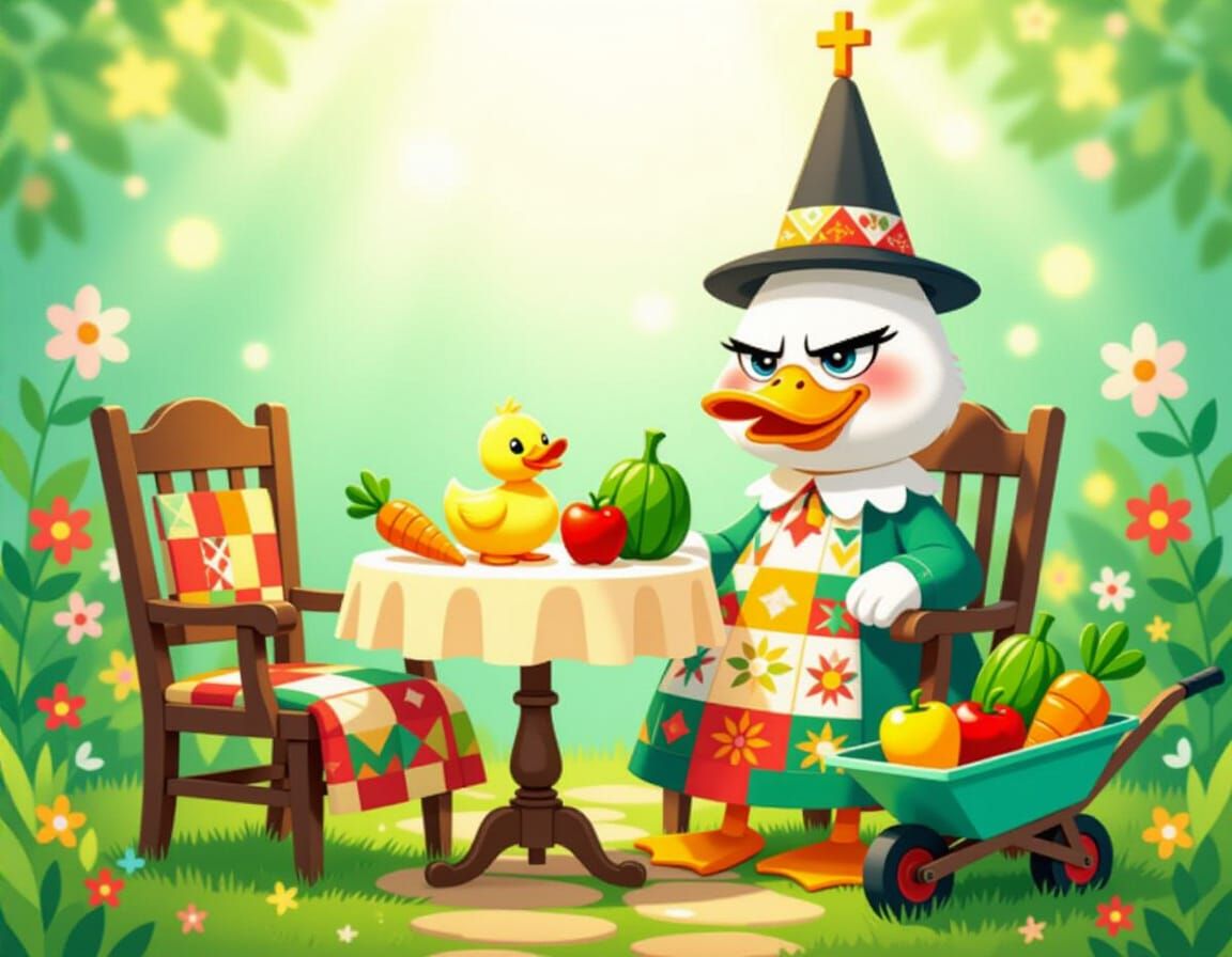 Whimsical Patchwork Scene with Grumpy Steeple and Cheerful V...