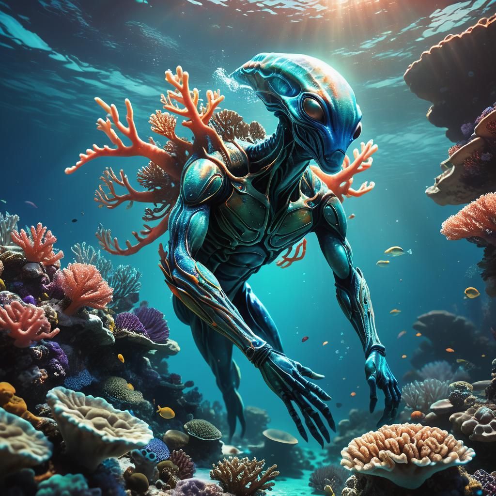 Alien Swims Near Coral Reef in Sci-Fi Style