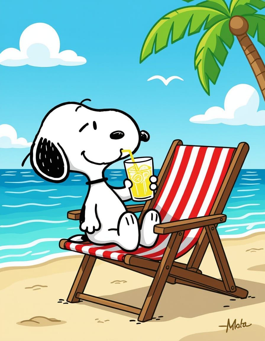Snoopy Cartoon Relaxing on Beach with Lemonade