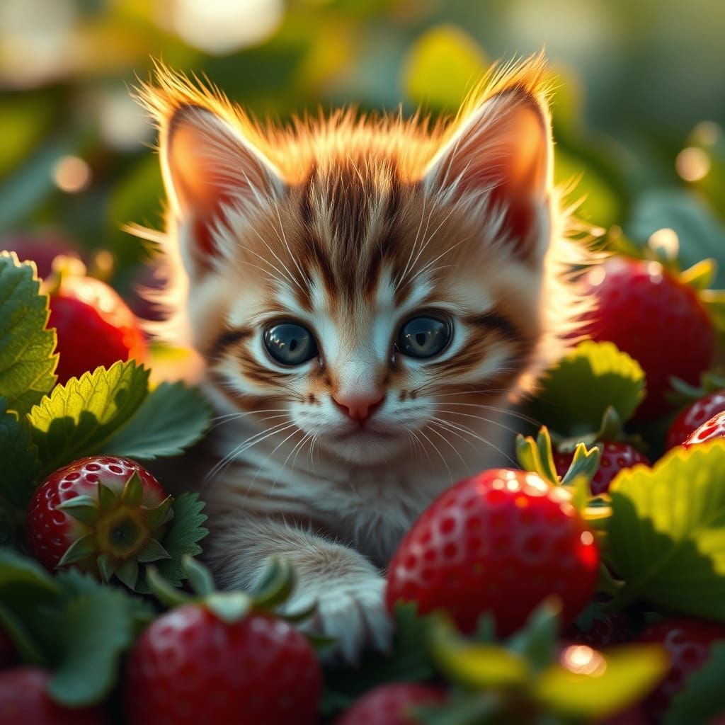Hyperrealistic Strawberry Kitten in Lush Greenery