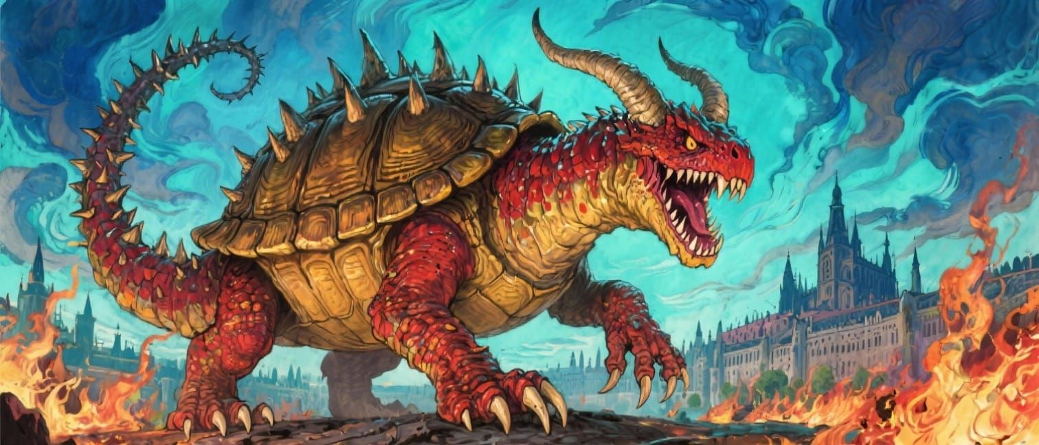 Tarrasque Rampage: Kingdom in Flames as Watercolour Painting