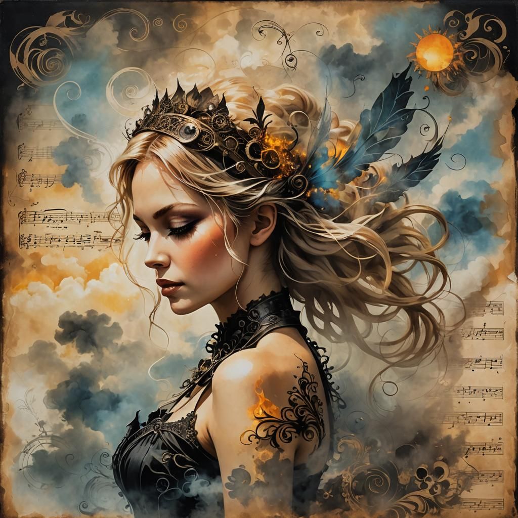 Fairy Woman Emerges from Burnt Sheet Music